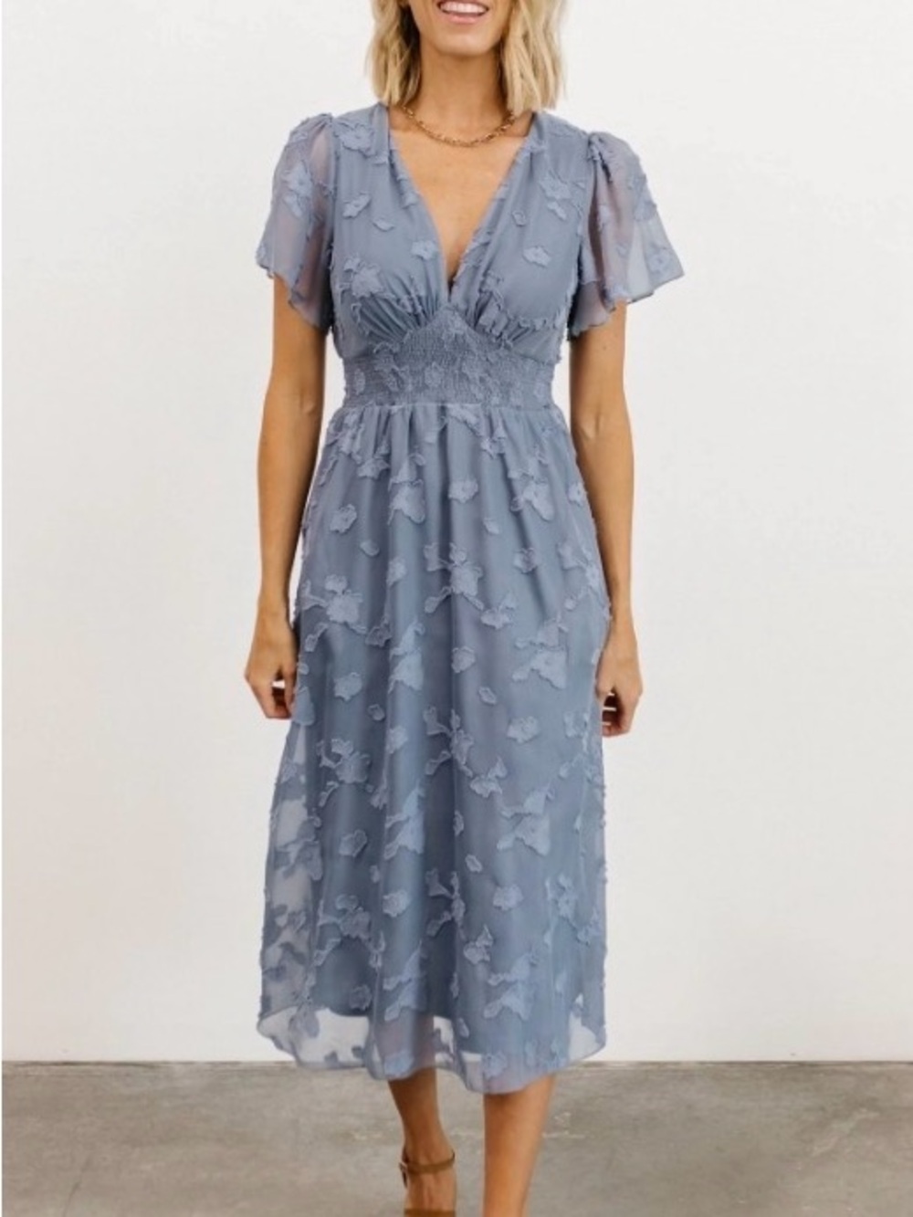 Baltic Born June Blue Smocked Midi Dress Floral Chiffon Cottagecore Romantic M